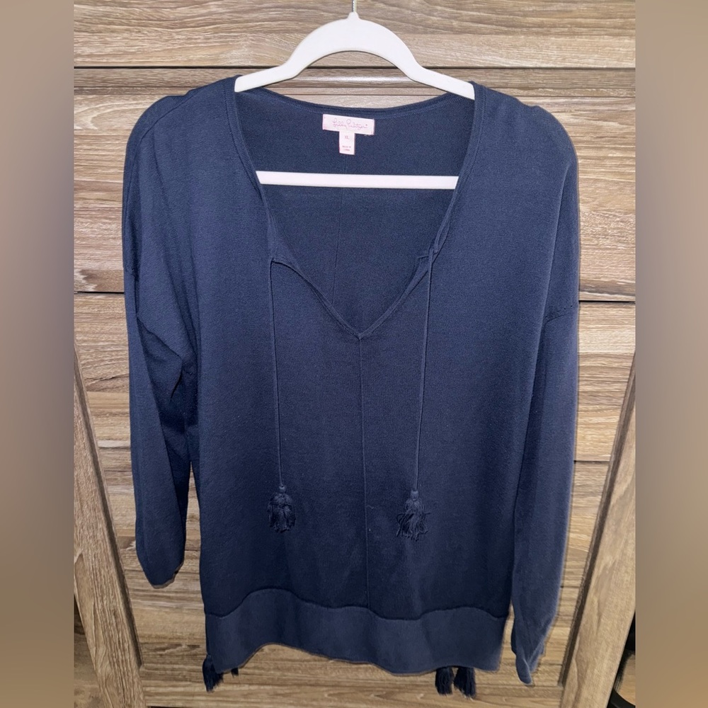 Lilly Pulitzer Light Weight Sweater Navy Blue Tassel Sweater Size XL